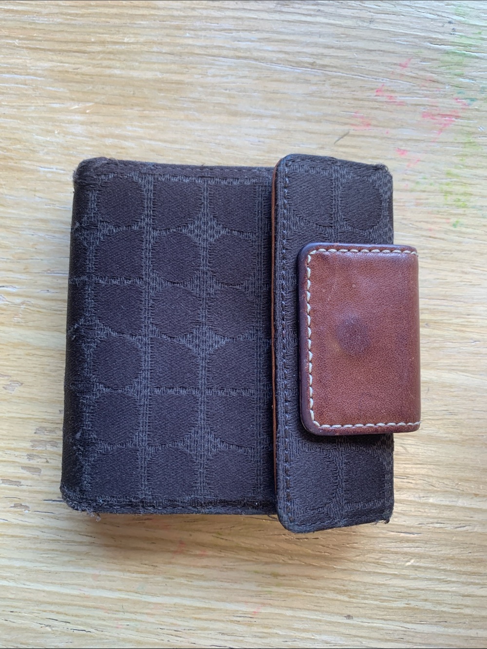 Rare Vintage Kate Spade Brown Canvas Geometric Wallet w Leather Snap Tap AS IS